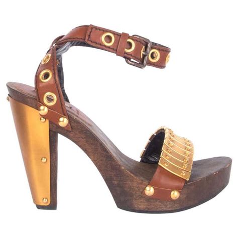 miu miu brown leather buckle wooden platform sandals mules|Miu Miu .